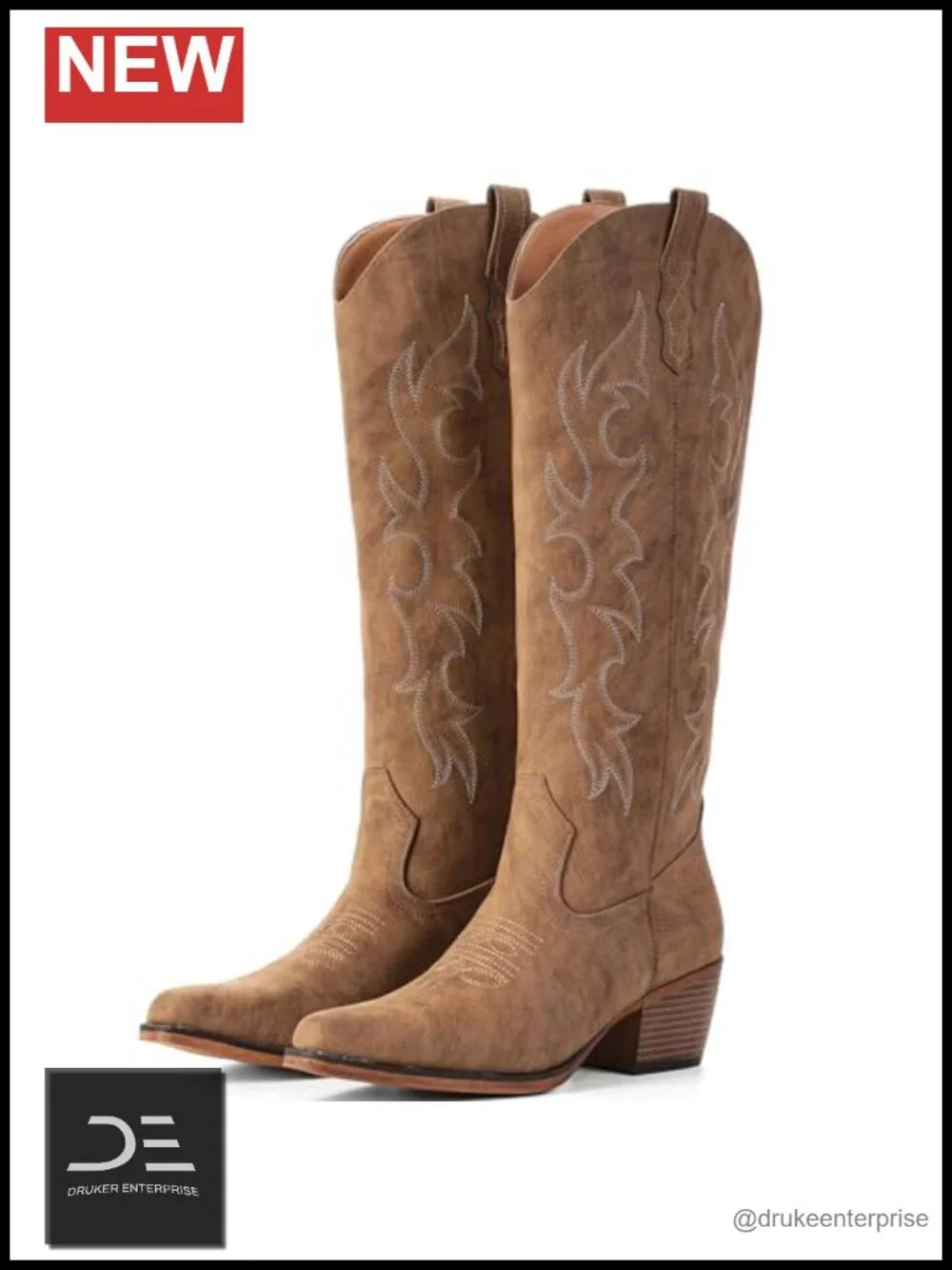 Embroidered Knee High Cowboy Boots for Women Wide Calf Pull On Block Heel